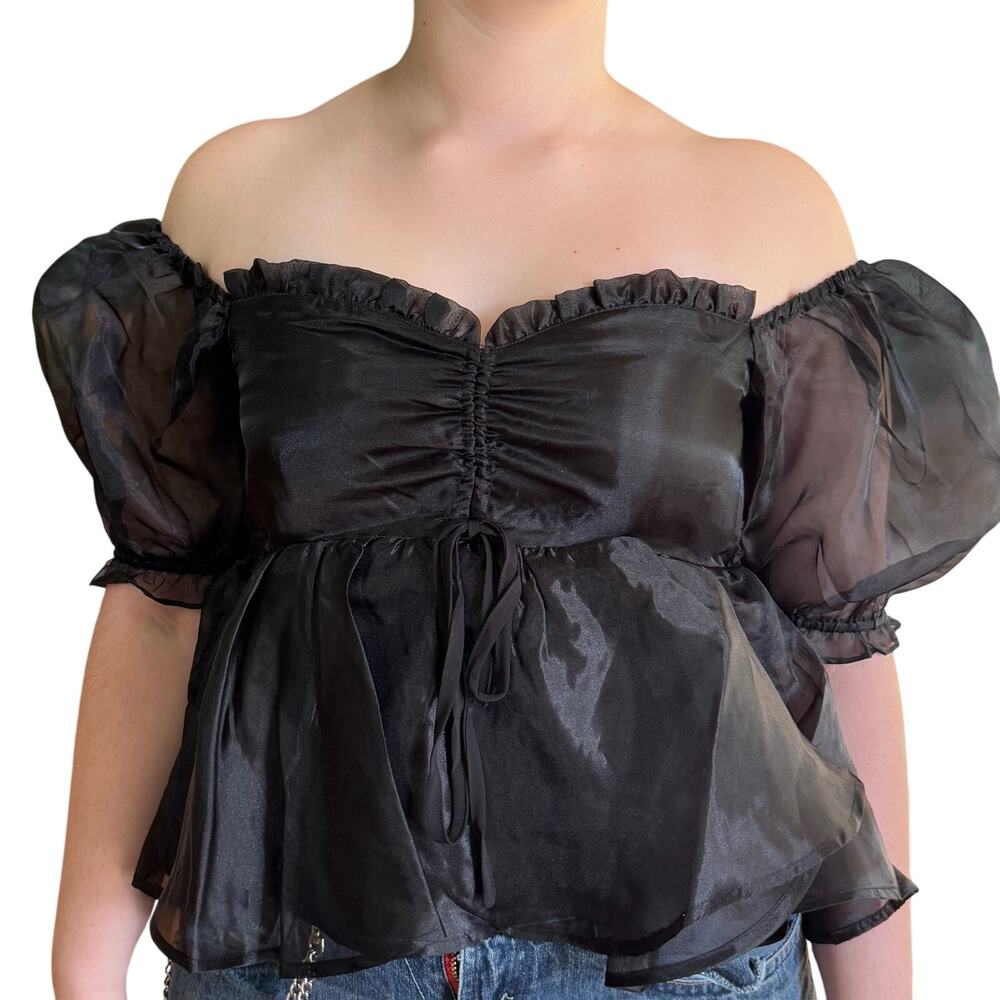 Mable Organza Black Off Shoulder Mesh Puff Sleeves Lined Witchy Goth Halloween L
